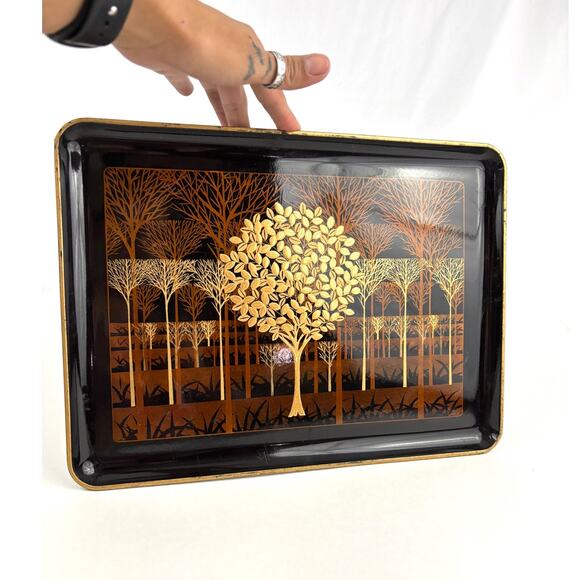 VTG Lacquerware Serving Tray Otagiri Original Japan Gold Gilt Tree Forest 14" - Picture 4 of 13